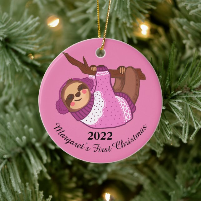 Sleepy Winter Sloth in Pink Ceramic Tree Decoration (Tree)