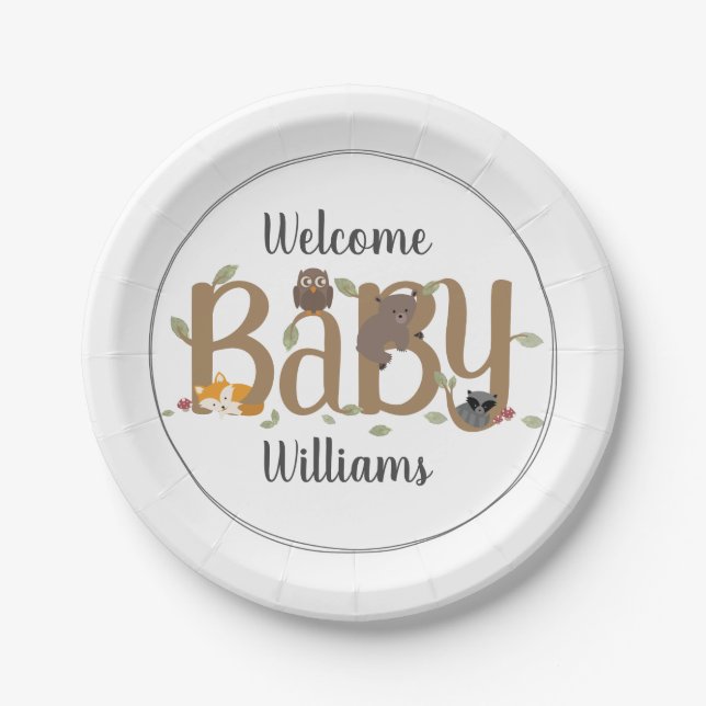 Sleepy Woodland Baby Shower Paper Plate (Front)