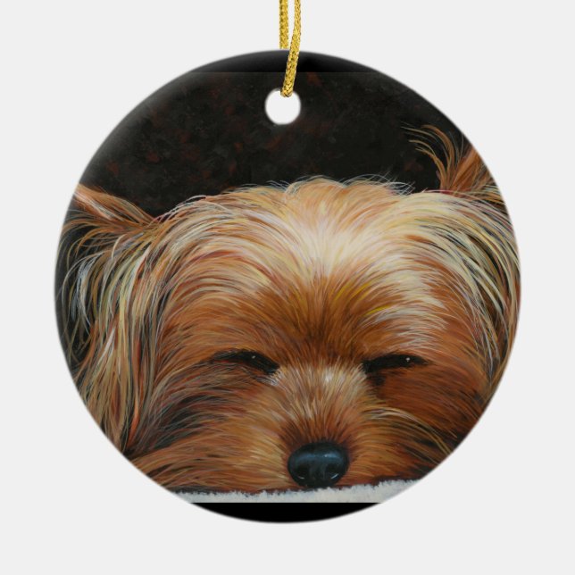 Sleepy Yorkie Christmas Tree Ornament (Front)