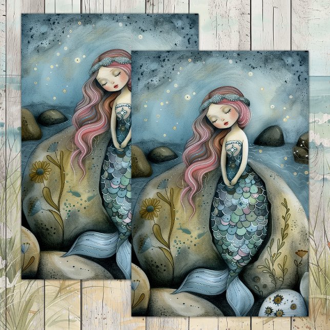 SLEEPY YOUNG MERMAID GIRL DECOUPAGE TISSUE PAPER (SLEEPY YOUNG MERMAID GIRL DECOUPAGE TISSUE PAPER)