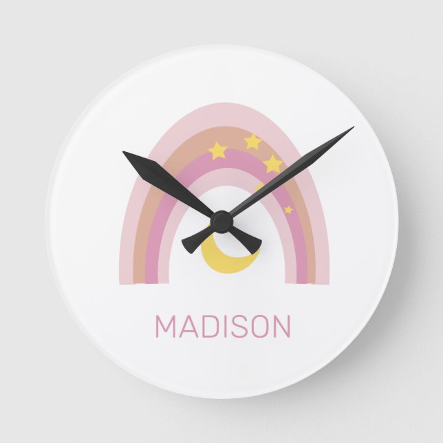 'Sleepytime Rainbow', Girls Cute Boho Pink custom  Round Clock (Front)