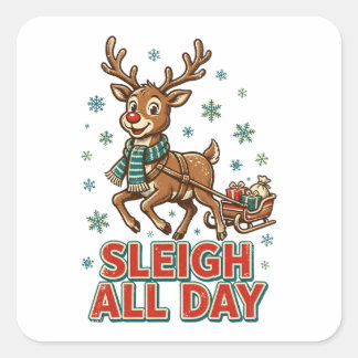 Sleigh All Day Vintage Reindeer Christmas Retro Square Sticker