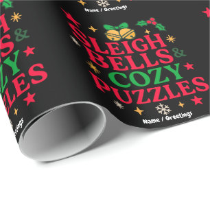 Sleigh Bells & Cozy Puzzles Festive Holiday Gift Wrapping Paper