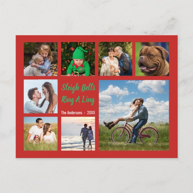 Sleigh Bells Ring 8 Family Photo Collage Holiday Postcard (Front)