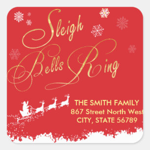 Sleigh Bells Ring Snowflake Santa Red Classic Square Sticker