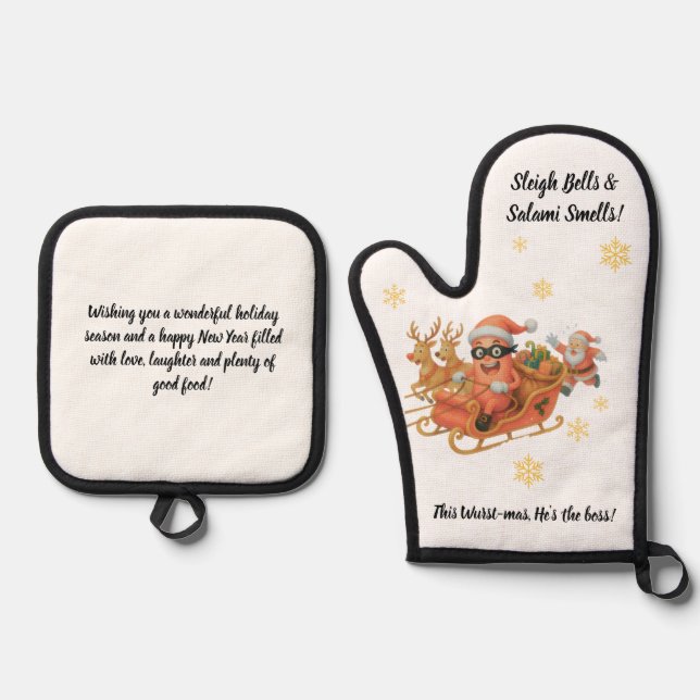 Sleigh Bells & Salami Smells! Oven Mitt & Pot Holder Set (Front)