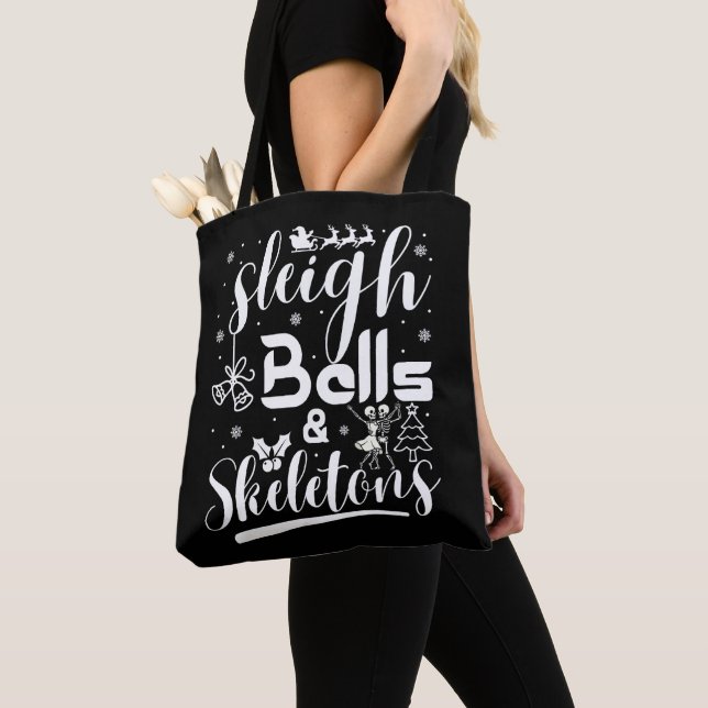 Sleigh bells & skeletons dancing funny christmas tote bag (Close Up)