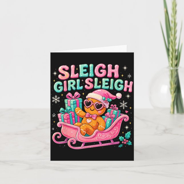 Sleigh Girl Cute Gingerbread Christmas Art  Card (Front)