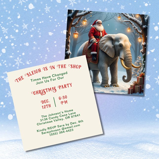 Sleigh in Shop Santa on Elephant Christmas Party Invitation (Sleigh in Shop Santa on Elephant Christmas Party Invitation)