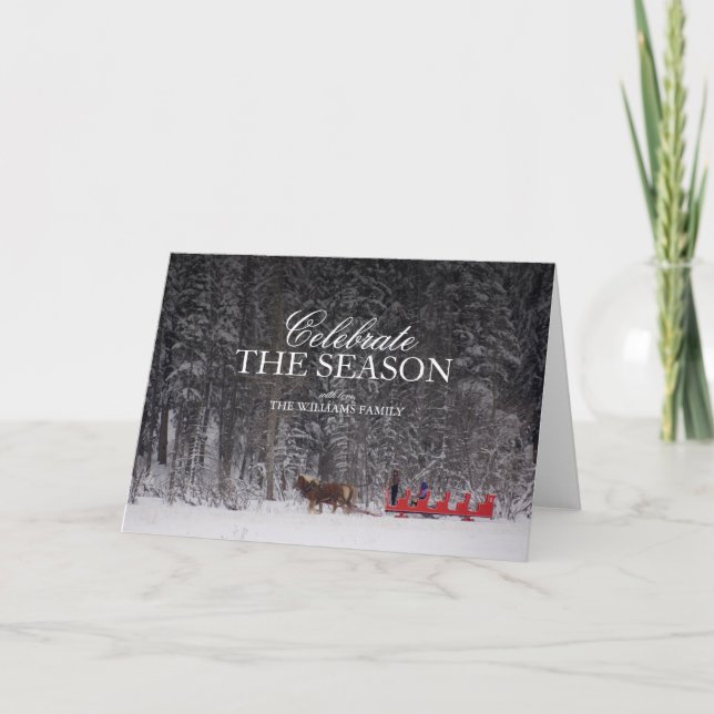 Sleigh Rides Through A Snowy Forest Holiday Card (Front)