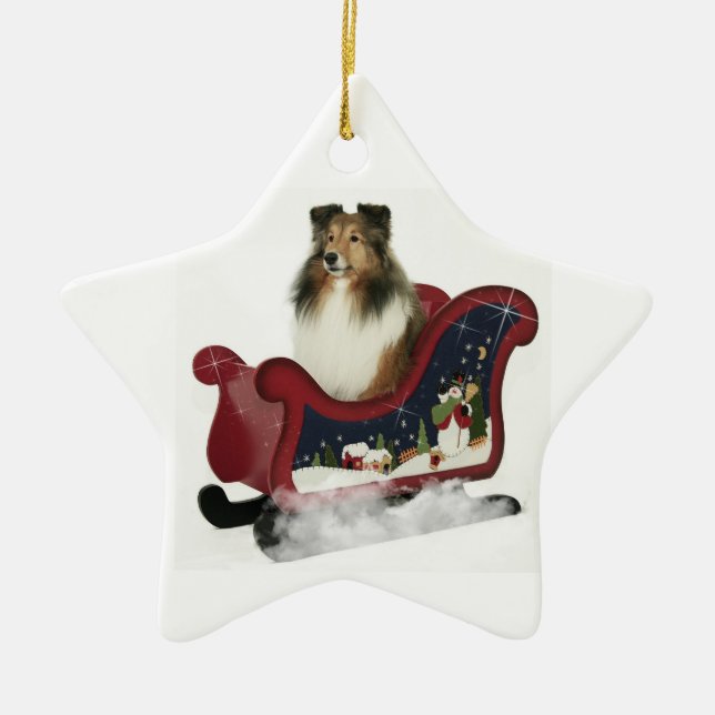 Sleigh Sheltie Ceramic Tree Decoration (Front)