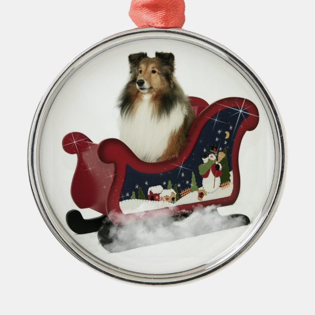 Sleigh Sheltie Metal Tree Decoration (Front)