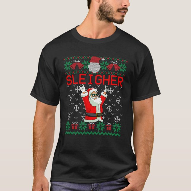 Sleigher Heavy Metal Music Hail Santa Ugly Christm T-Shirt (Front)
