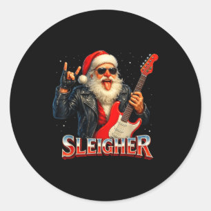 Sleigher Rock Santa Funny Metal Christmas Design  Classic Round Sticker