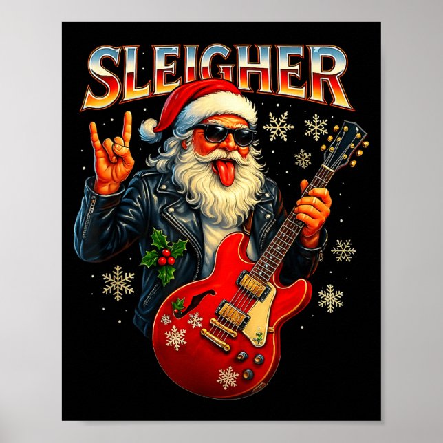 Sleigher Rock Santa Funny Metal Christmas Design  Poster (Front)