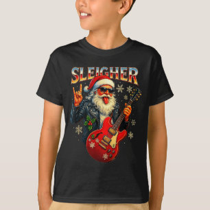 Sleigher Rock Santa Funny Metal Christmas Design T-Shirt