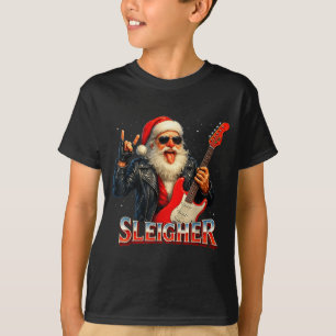 Sleigher Rock Santa Funny Metal Christmas Design T-Shirt