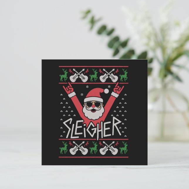 Sleigher Santa Christmas Rock n Roll Ugly Sweat Holiday Card (Standing Front)