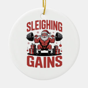 Sleighin' Gains Santa Lifting Weights Christmas Ceramic Tree Decoration