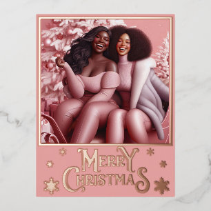 Sleighin' Sisters Festive Laughter Pastel Pink Foil Holiday Postcard