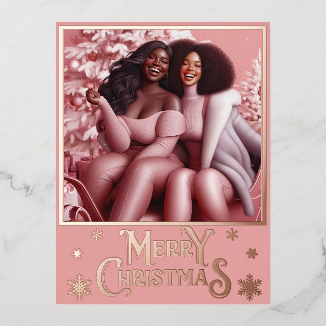 Sleighin' Sisters Festive Laughter Pastel Pink Foil Holiday Postcard (Front)