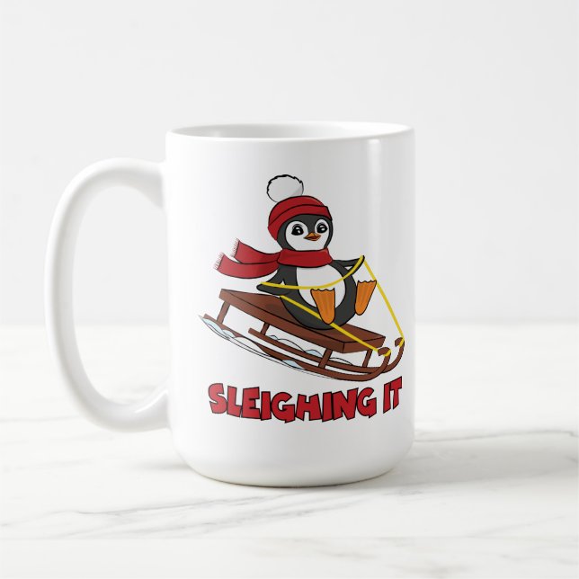 Sleighing It - Snow Sledding Cute Penguin Winter Coffee Mug (Left)