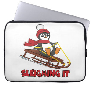Sleighing It - Snow Sledding Cute Penguin Winter Laptop Sleeve