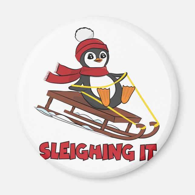 Sleighing It - Snow Sledding Cute Penguin Winter Magnet (Front)
