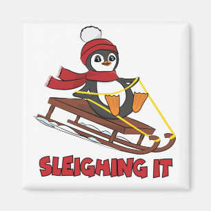 Sleighing It - Snow Sledding Cute Penguin Winter Magnet