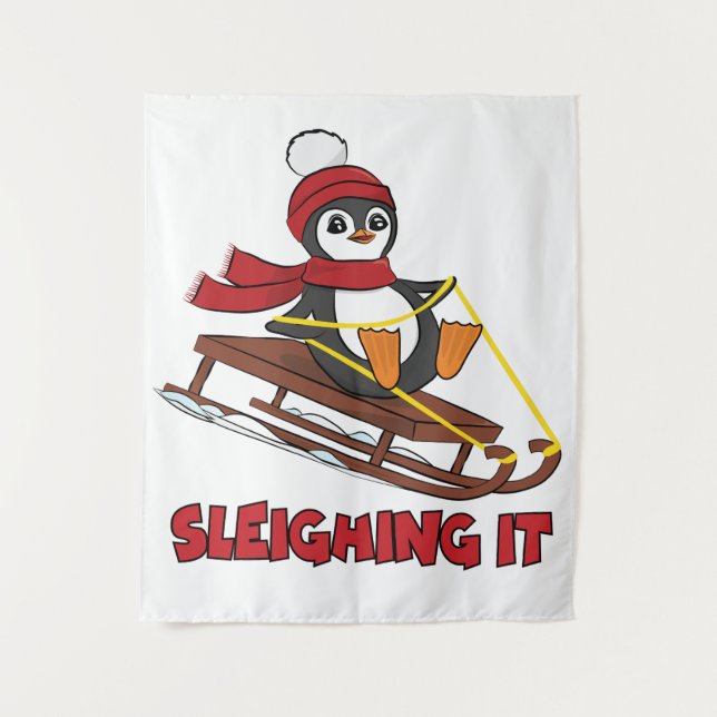 Sleighing It - Snow Sledding Cute Penguin Winter Tapestry (Front)