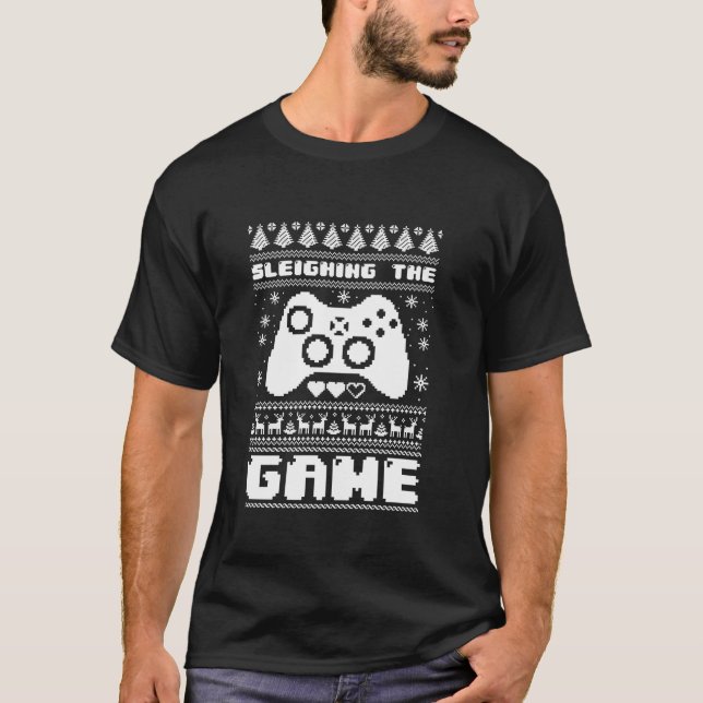 Sleighing The Game Controller Gamers Ugly Christma T-Shirt (Front)