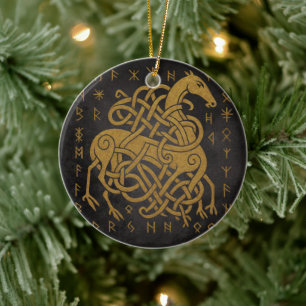 Sleipnir, Golden Norse Horse with Runes Symbol Ceramic Tree Decoration