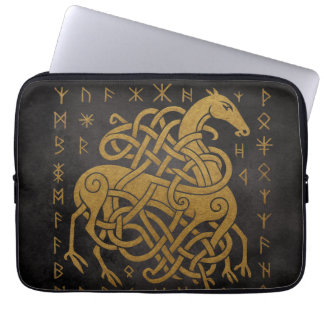 Sleipnir, Golden Norse Horse with Runes Symbol Laptop Sleeve