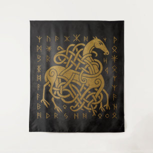 Sleipnir, Golden Norse Horse with Runes Symbol Tapestry