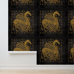 Sleipnir, Golden Norse Horse with Runes Symbol Wallpaper