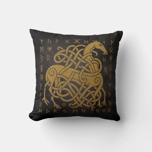 Sleipnir Norse Rune Circle – Golden Viking Horse D Cushion (Front)