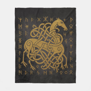 Sleipnir Norse Rune Circle – Golden Viking Horse D Fleece Blanket