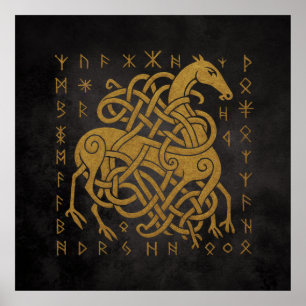 Sleipnir Norse Rune Circle – Golden Viking Horse D Poster