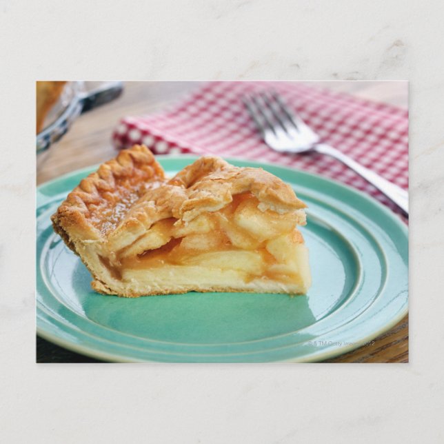 Slice of fresh baked apple pie on plate postcard (Front)