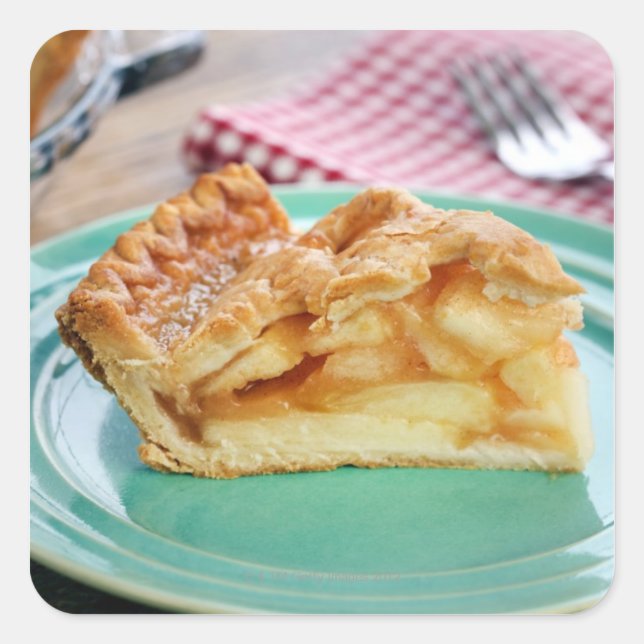 Slice of fresh baked apple pie on plate square sticker (Front)