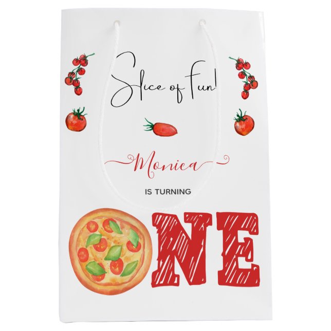 Slice of fun, first birthday medium gift bag (Front)