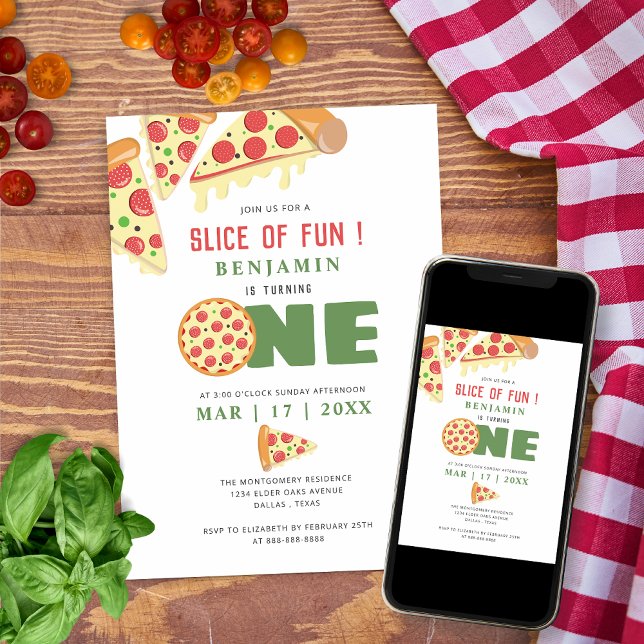 Slice Of Fun Modern Pizza Party Boy First Birthday Invitation (Creator Uploaded)