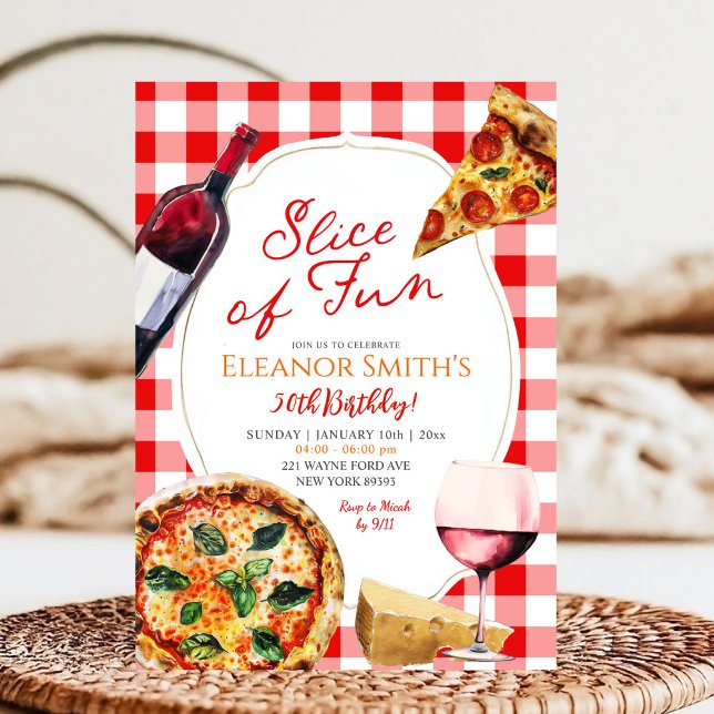 Slice of Fun Pizza and Wine Theme Adult Birthday Invitation (Creator Uploaded)