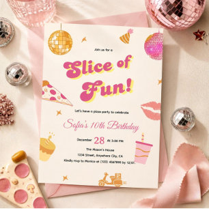 Slice of Fun Pizza Party Birthday Retro Disco Invitation