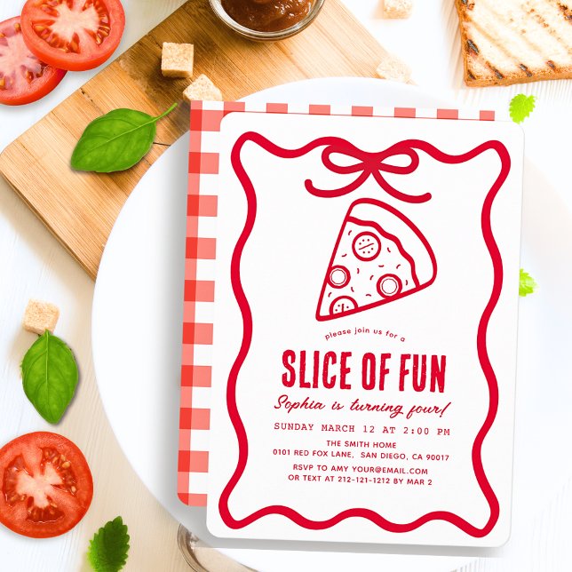 Slice of Fun Red Hand-drawn Pizza Birthday Invitation (Creator Uploaded)