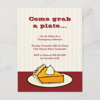 Slice of pumpkin pie on plate Thanksgiving dinner Invitation