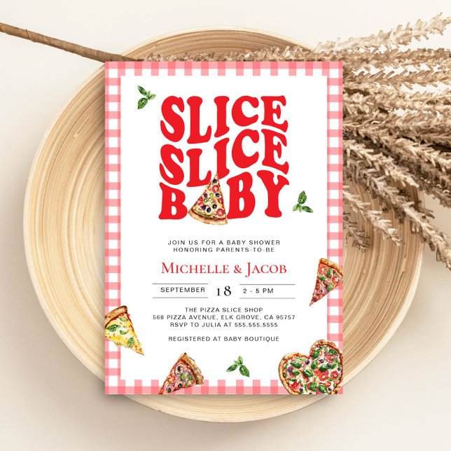 Slice Slice Baby Pizza Baby Shower Pink Gingham Invitation (Creator Uploaded)