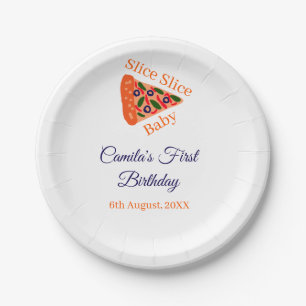 Slice Slice baby pizza brown blue 1st birthday Paper Plate