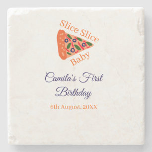Slice Slice baby pizza brown blue 1st birthday Stone Coaster