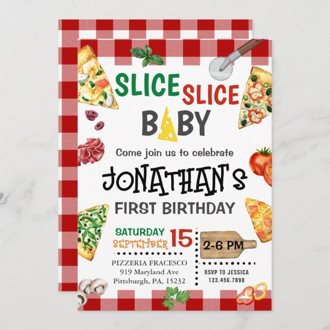 Slice Slice Baby Pizza Party 1st Birthday Invitation (Front/Back)
